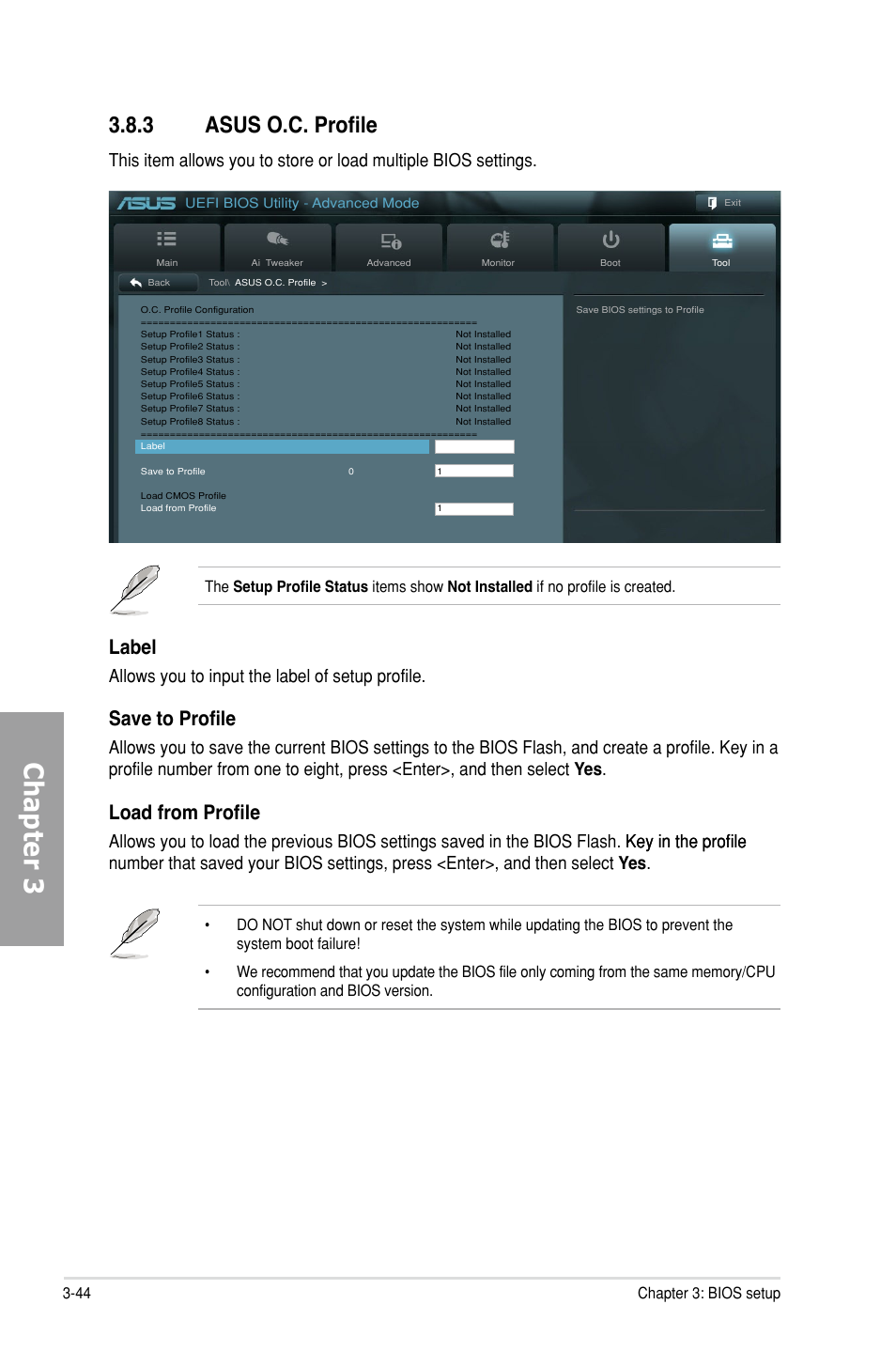 3 asus o.c. profile, Asus o.c. profile -44, Chapter 3 | Label, Save to profile, Load from profile, Allows you to input the label of setup profile, 44 chapter 3: bios setup | Asus P9X79 DELUXE User Manual | Page 120 / 176