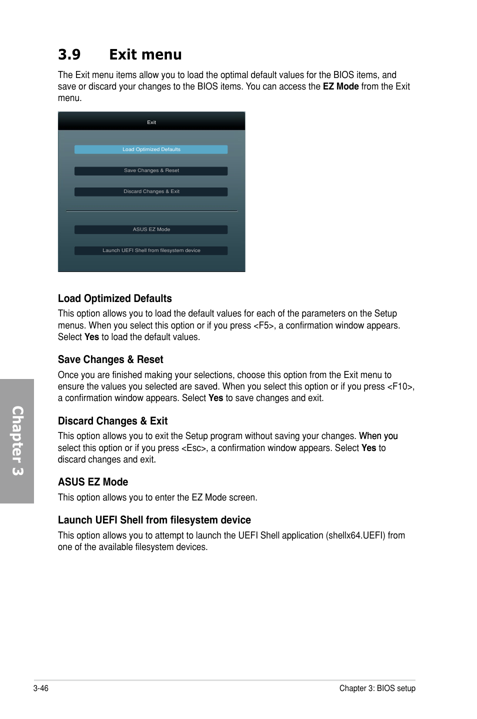 9 exit menu, Exit menu -46, Chapter 3 3.9 exit menu | Asus P9X79 DELUXE User Manual | Page 122 / 176