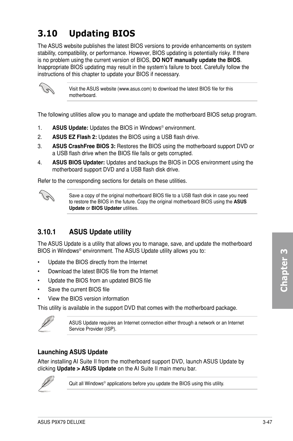 10 updating bios, 1 asus update utility, Updating bios -47 3.10.1 | Asus update utility -47, Chapter 3 3.10 updating bios | Asus P9X79 DELUXE User Manual | Page 123 / 176