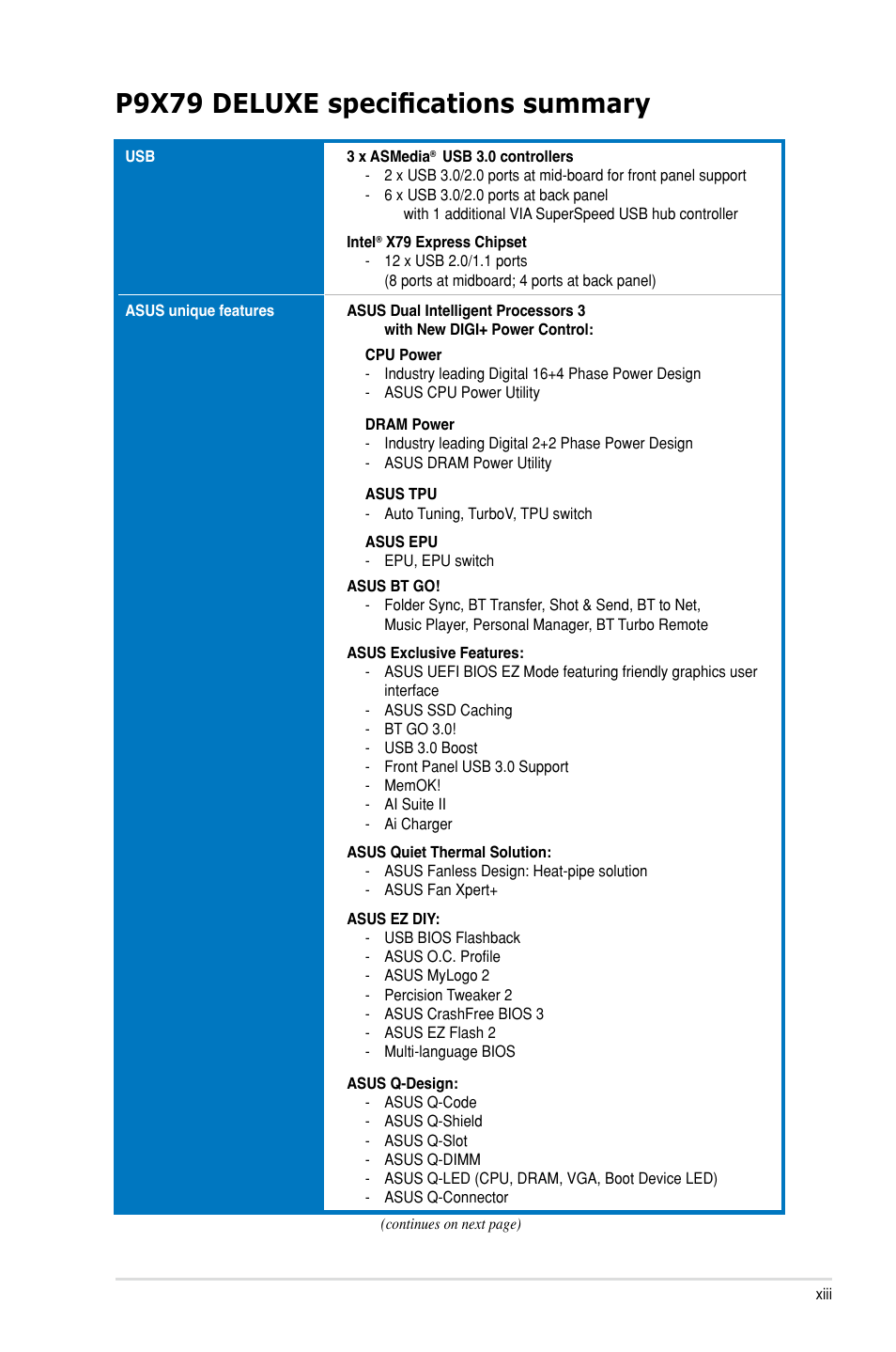 P9x79 deluxe specifications summary | Asus P9X79 DELUXE User Manual | Page 13 / 176