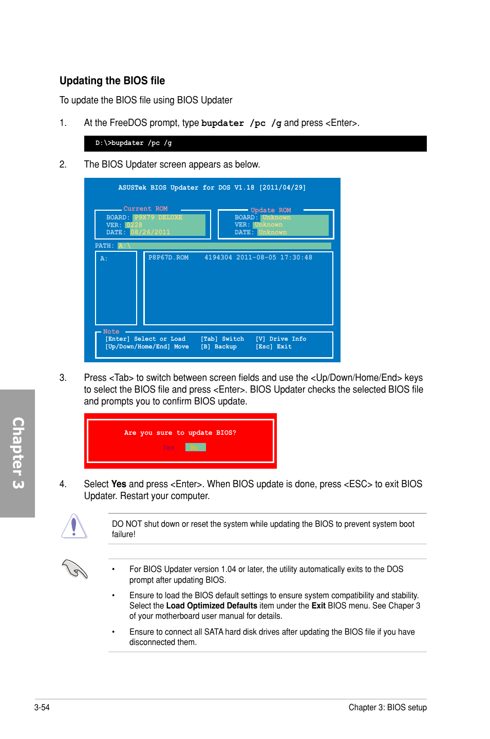 Chapter 3, Updating the bios file | Asus P9X79 DELUXE User Manual | Page 130 / 176