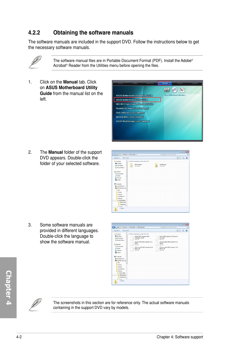 2 obtaining the software manuals, Obtaining the software manuals -2, Chapter 4 | Asus P9X79 DELUXE User Manual | Page 132 / 176