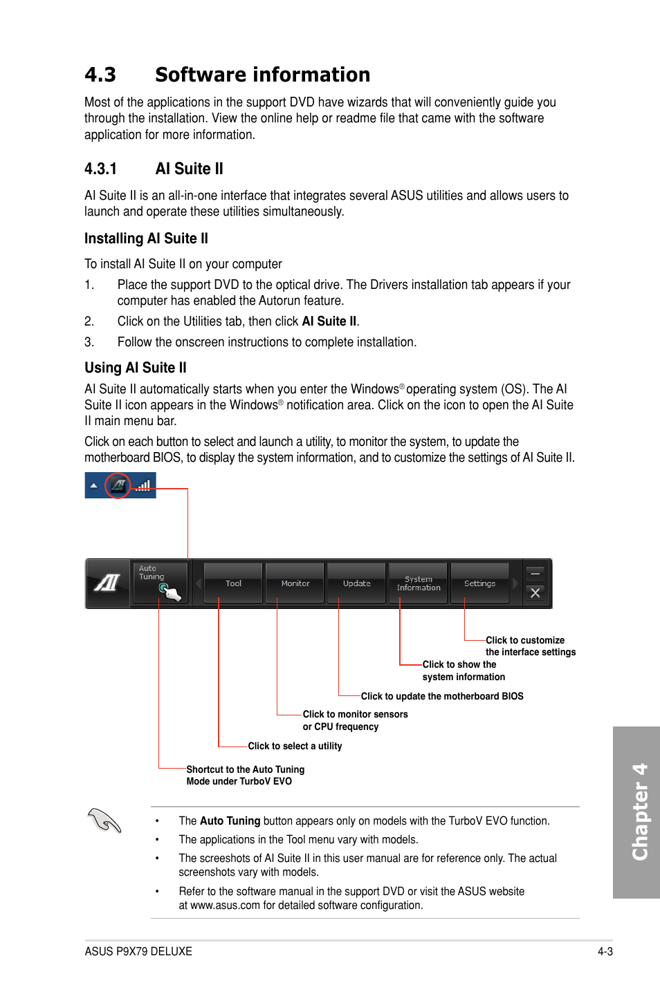 3 software information, 1 ai suite ii, Software information -3 4.3.1 | Ai suite ii -3, Chapter 4 4.3 software information | Asus P9X79 DELUXE User Manual | Page 133 / 176