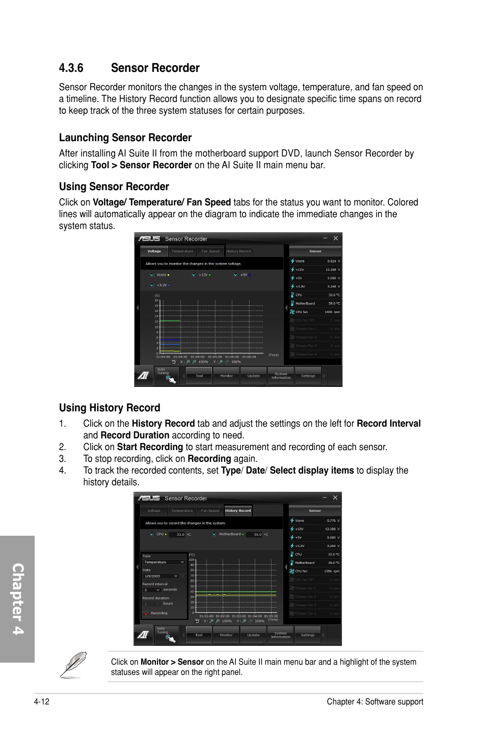 6 sensor recorder, Sensor recorder -12, Chapter 4 | Asus P9X79 DELUXE User Manual | Page 142 / 176