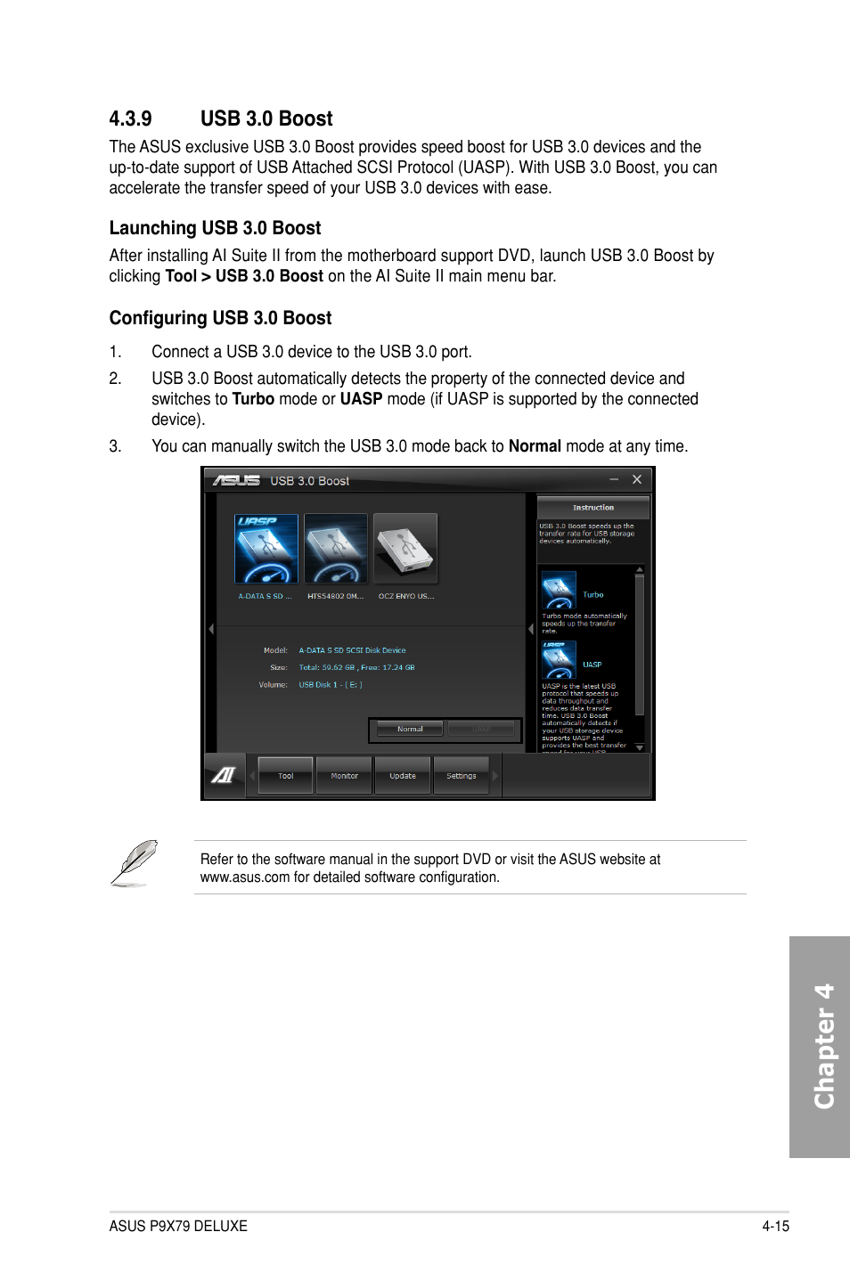 9 usb 3.0 boost, Usb 3.0 boost -15, Chapter 4 | Asus P9X79 DELUXE User Manual | Page 145 / 176
