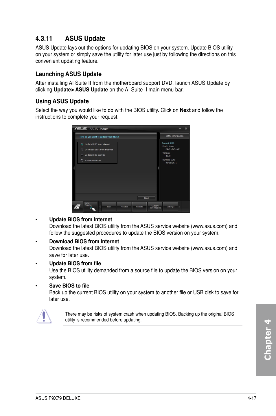 11 asus update, Asus update -17, Chapter 4 | Asus P9X79 DELUXE User Manual | Page 147 / 176