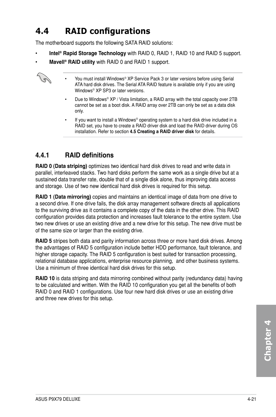 4 raid configurations, 1 raid definitions, Raid configurations -21 4.4.1 | Raid definitions -21, Chapter 4 4.4 raid configurations | Asus P9X79 DELUXE User Manual | Page 151 / 176