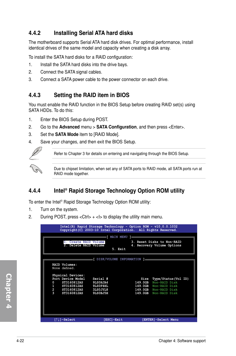 2 installing serial ata hard disks, 3 setting the raid item in bios, Installing serial ata hard disks -22 | Setting the raid item in bios -22, Intel, Rapid storage technology option rom utility -22, Chapter 4, 4 intel, Rapid storage technology option rom utility | Asus P9X79 DELUXE User Manual | Page 152 / 176