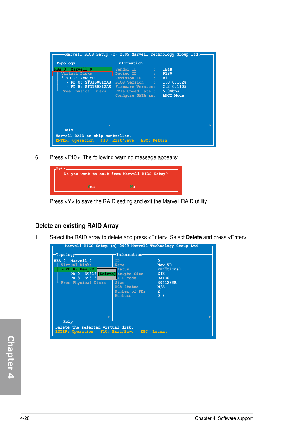 Chapter 4, Delete an existing raid array | Asus P9X79 DELUXE User Manual | Page 158 / 176