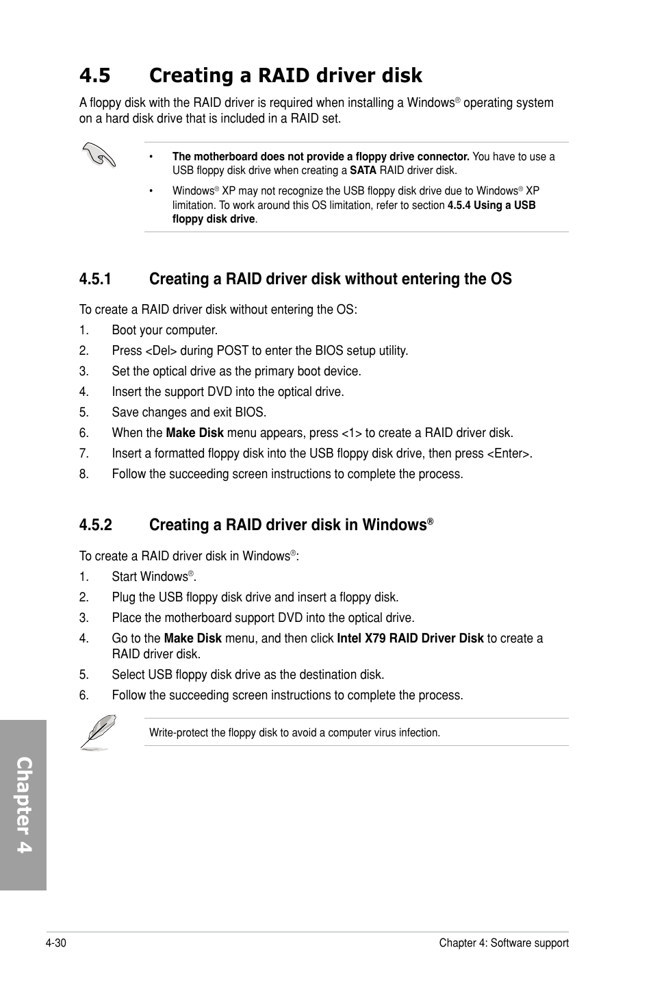 5 creating a raid driver disk, 2 creating a raid driver disk in windows, Creating a raid driver disk -30 4.5.1 | Creating a raid driver disk in windows, Chapter 4 4.5 creating a raid driver disk | Asus P9X79 DELUXE User Manual | Page 160 / 176