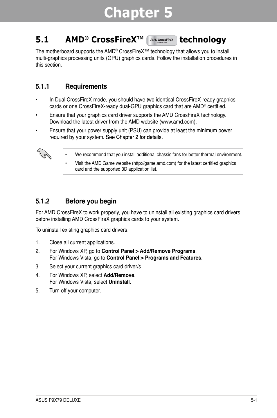 Chapter 5: multiple gpu technology support, 1 amd® crossfirex™ ￼ technology, 1 requirements | 2 before you begin, Chapter 5, Multiple gpu technology support, Crossfirex™ technology -1, Requirements -1, Before you begin -1, 1 amd | Asus P9X79 DELUXE User Manual | Page 165 / 176