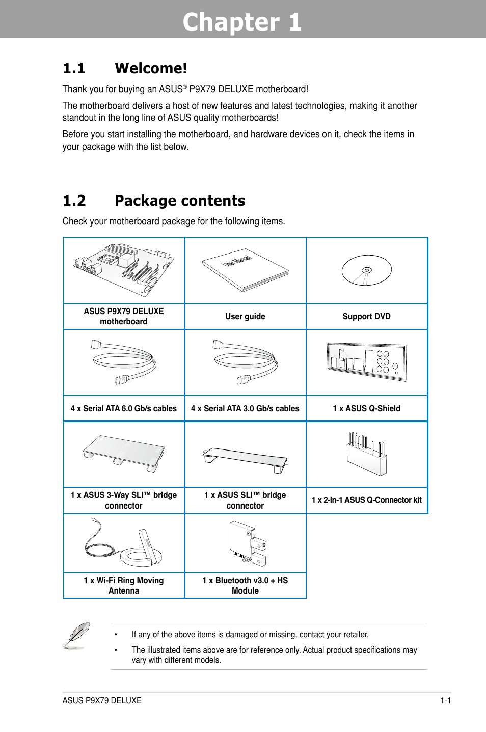 Chapter 1: product introduction, 1 welcome, 2 package contents | Chapter 1, Product introduction, Welcome! -1, Package contents -1, Chapter 1 1.1 welcome | Asus P9X79 DELUXE User Manual | Page 17 / 176