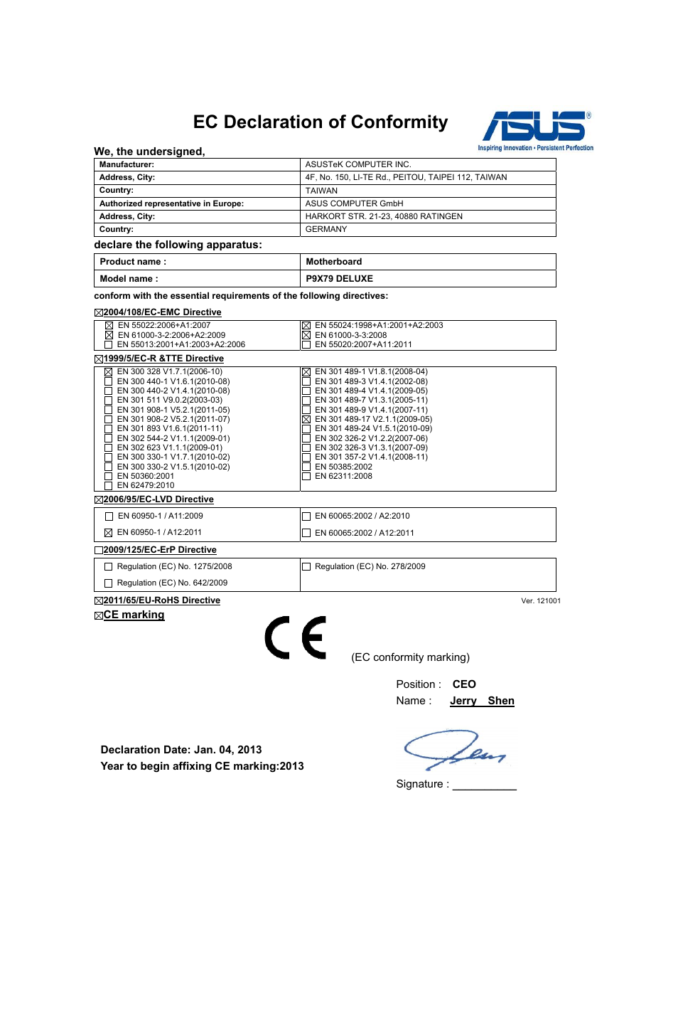 Ec declaration of conformity | Asus P9X79 DELUXE User Manual | Page 175 / 176