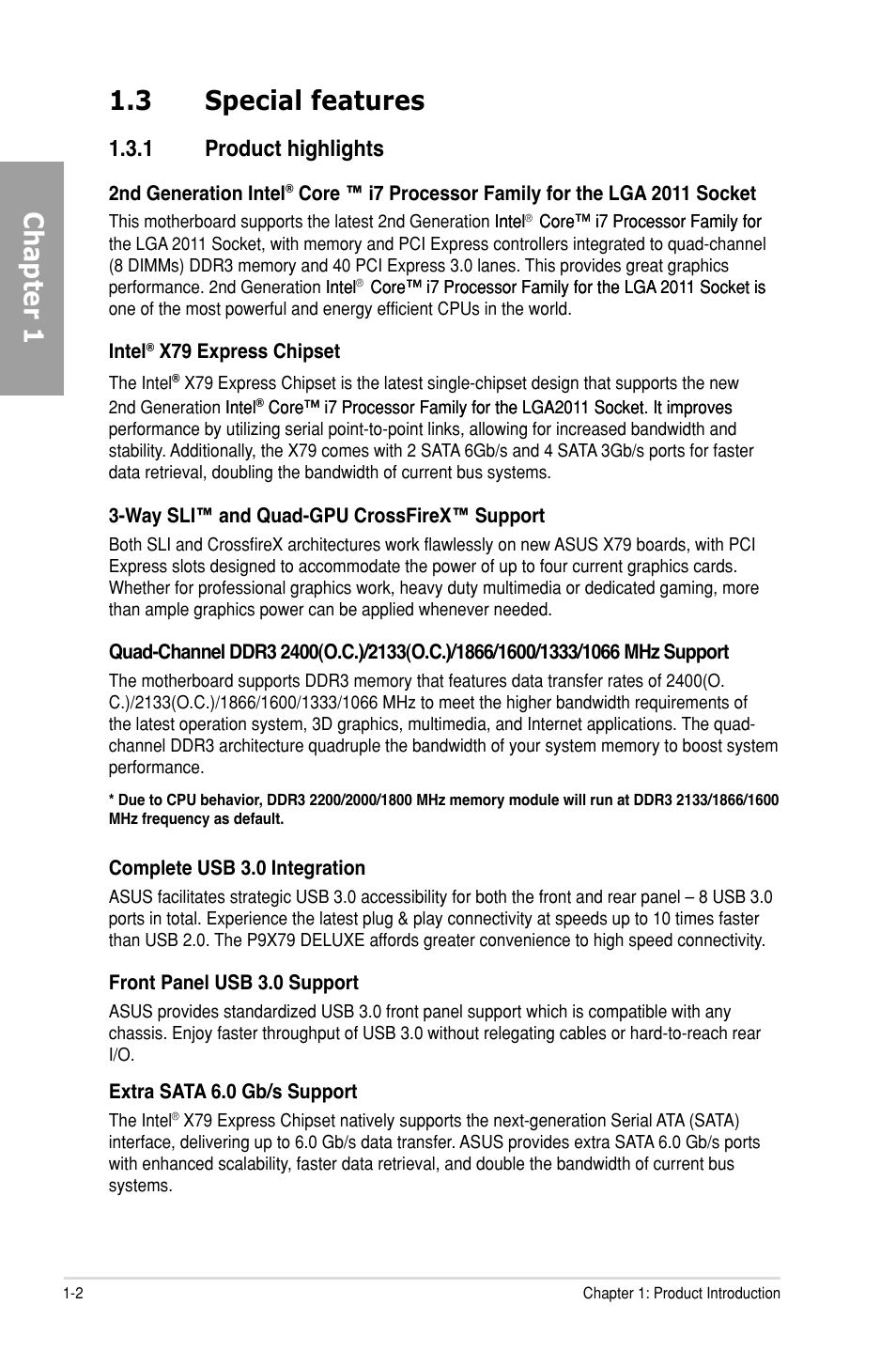 3 special features, 1 product highlights, Special features -2 1.3.1 | Product highlights -2, Chapter 1 1.3 special features | Asus P9X79 DELUXE User Manual | Page 18 / 176