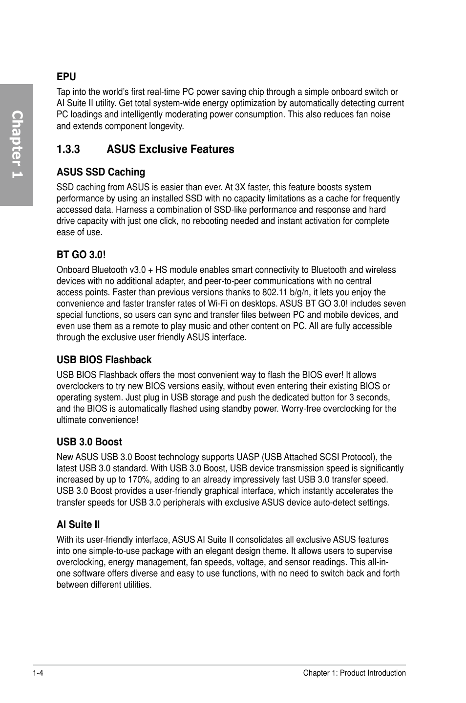 3 asus exclusive features, Asus exclusive features -4, Chapter 1 | Asus P9X79 DELUXE User Manual | Page 20 / 176