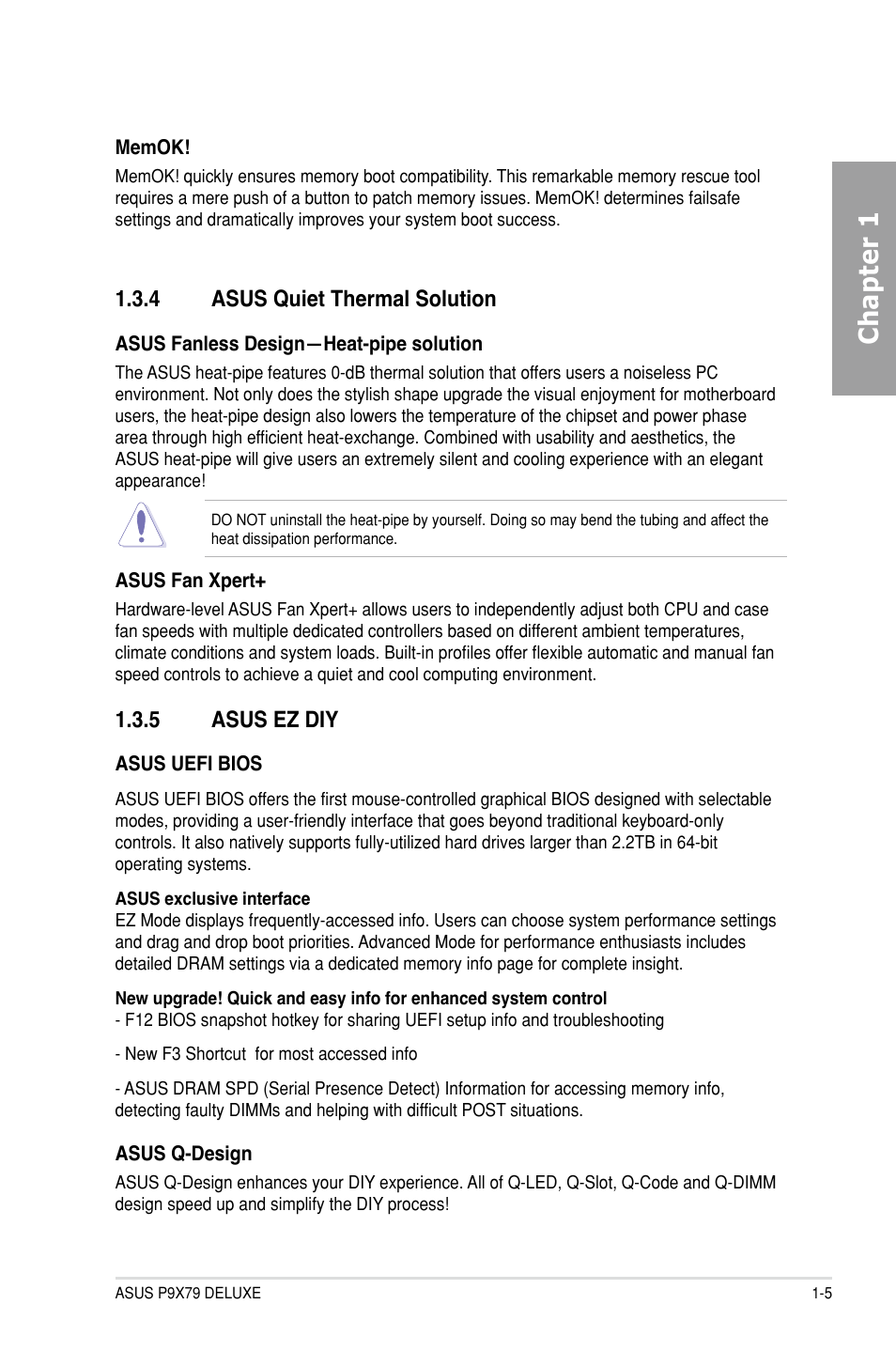 4 asus quiet thermal solution, 5 asus ez diy, Asus quiet thermal solution -5 | Asus ez diy -5, Chapter 1 | Asus P9X79 DELUXE User Manual | Page 21 / 176