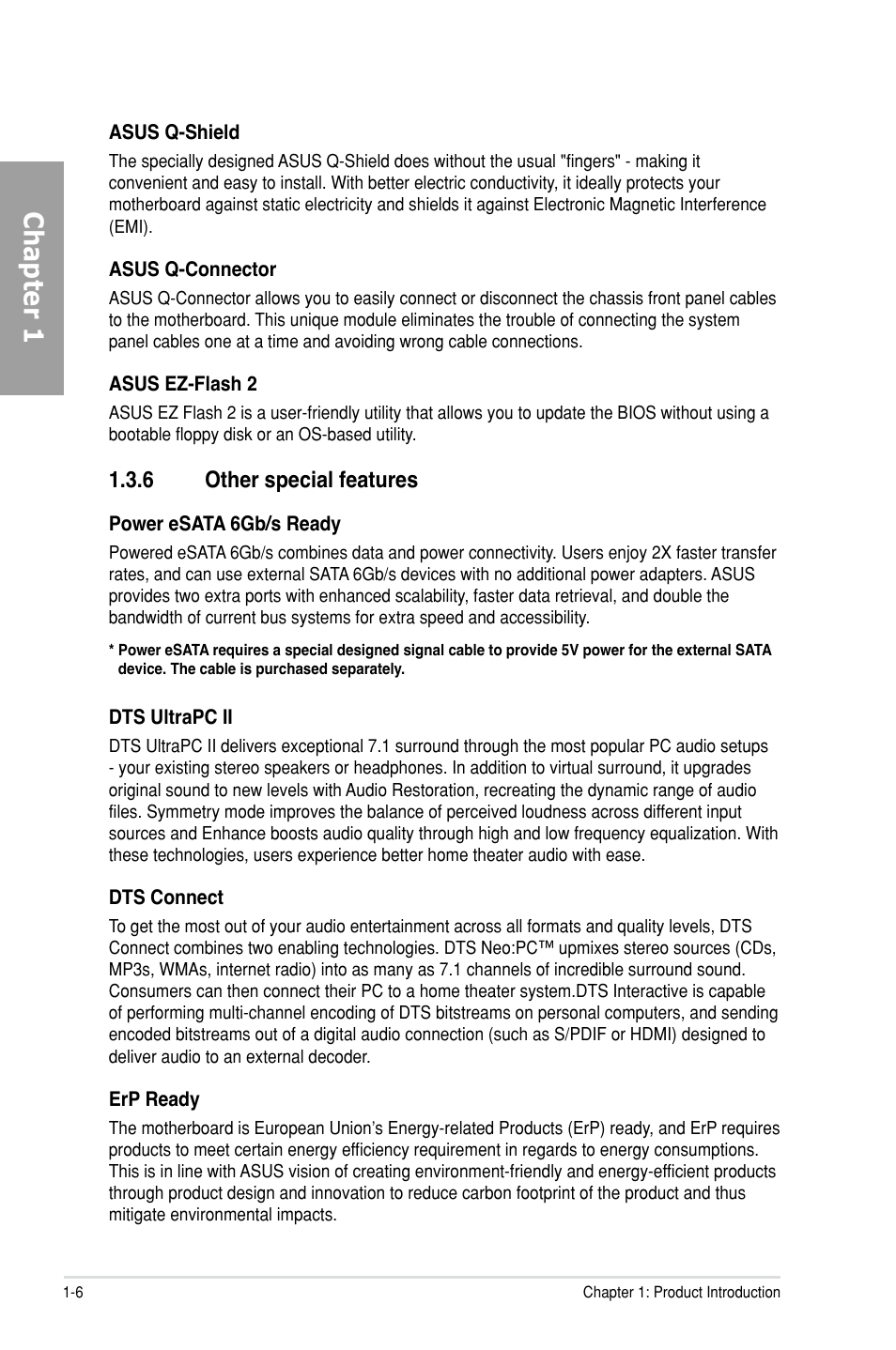 6 other special features, Other special features -6, Chapter 1 | Asus P9X79 DELUXE User Manual | Page 22 / 176