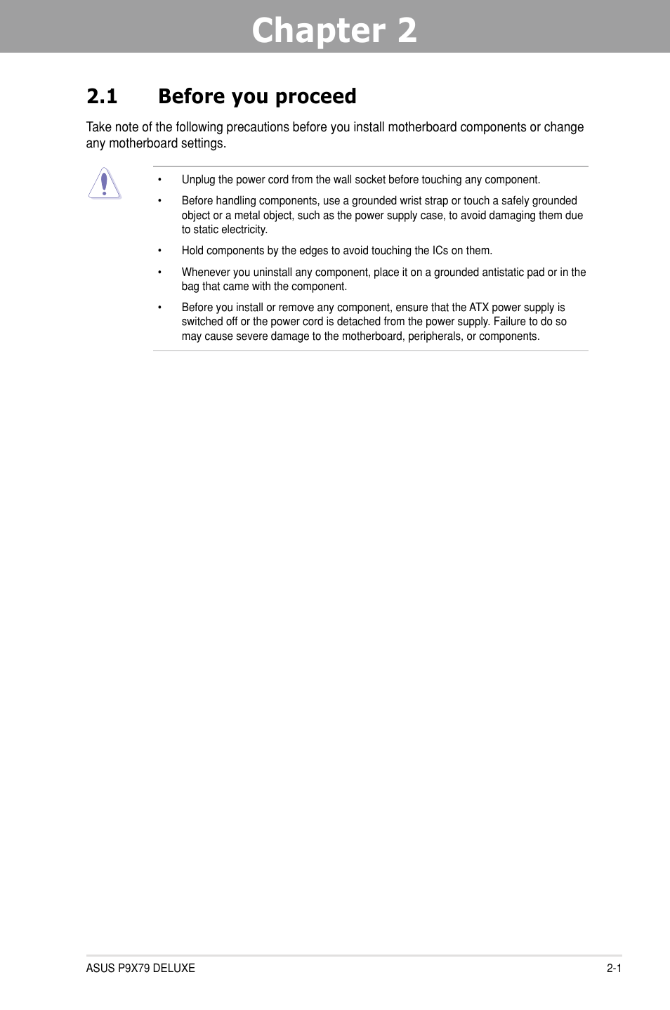 Chapter 2: hardware information, 1 before you proceed, Chapter 2 | Hardware information, Before you proceed -1 | Asus P9X79 DELUXE User Manual | Page 23 / 176