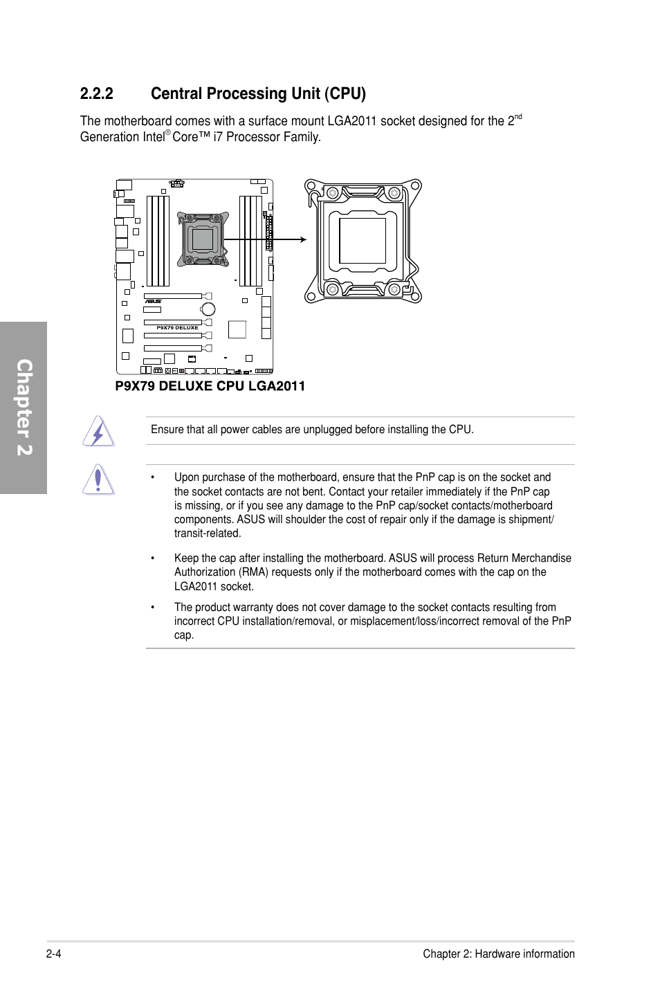 2 central processing unit (cpu), Central processing unit (cpu) -4, Chapter 2 | Asus P9X79 DELUXE User Manual | Page 26 / 176