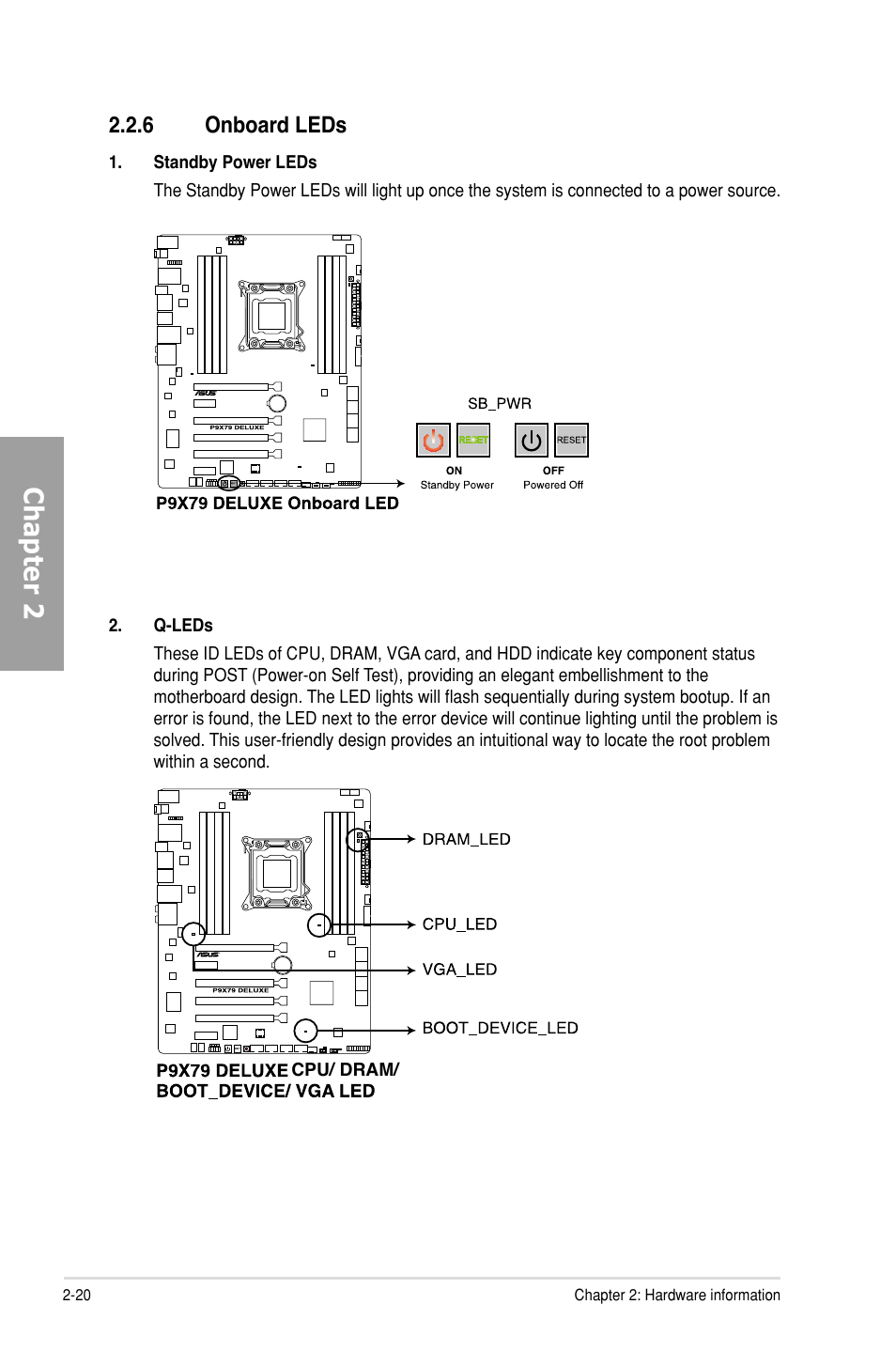 6 onboard leds, Onboard leds -20, Chapter 2 | Asus P9X79 DELUXE User Manual | Page 42 / 176