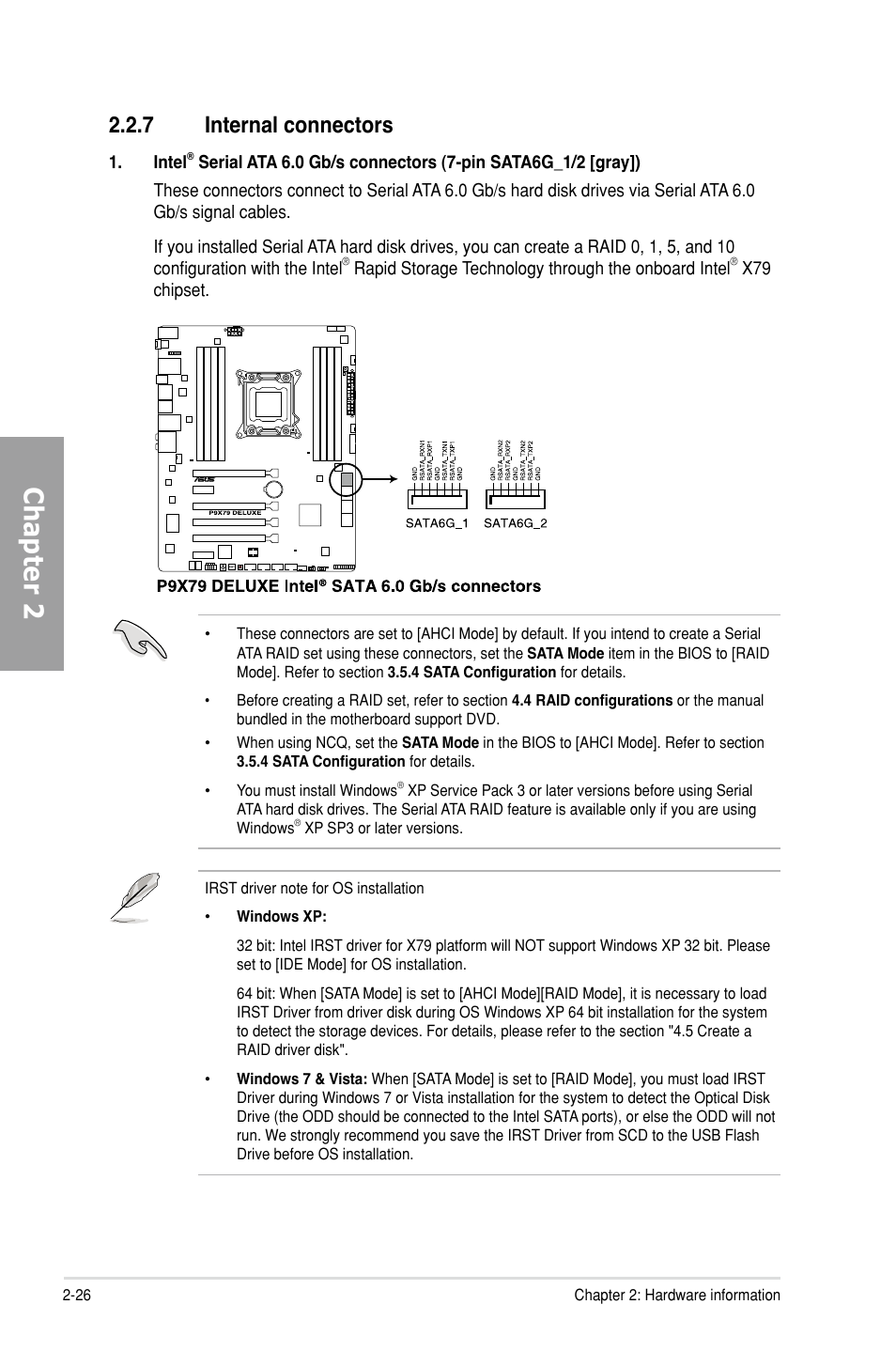 7 internal connectors, Internal connectors -26, Chapter 2 | Asus P9X79 DELUXE User Manual | Page 48 / 176