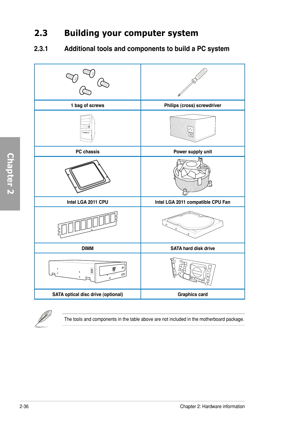 3 building your computer system, Building your computer system -36 2.3.1, Chapter 2 2.3 building your computer system | Asus P9X79 DELUXE User Manual | Page 58 / 176