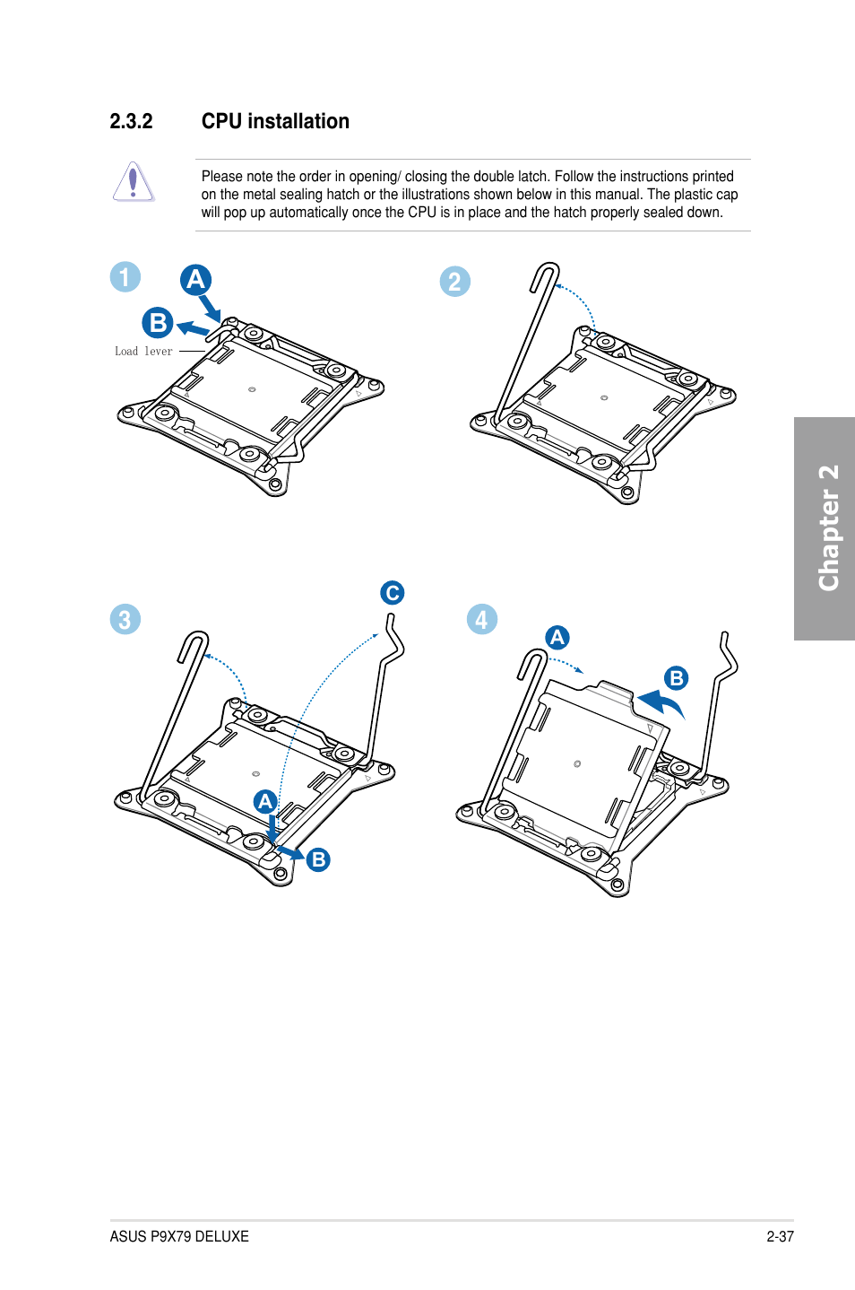 2 cpu installation, Cpu installation -37, Chapter 2 | Asus P9X79 DELUXE User Manual | Page 59 / 176