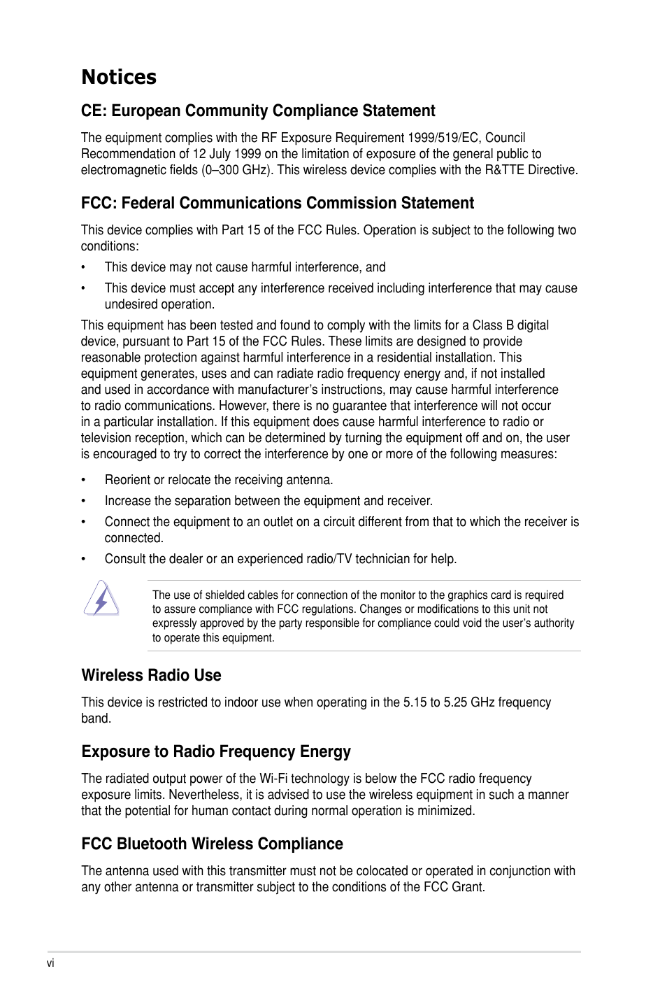 Notices, Ce: european community compliance statement, Fcc: federal communications commission statement | Wireless radio use, Exposure to radio frequency energy, Fcc bluetooth wireless compliance | Asus P9X79 DELUXE User Manual | Page 6 / 176