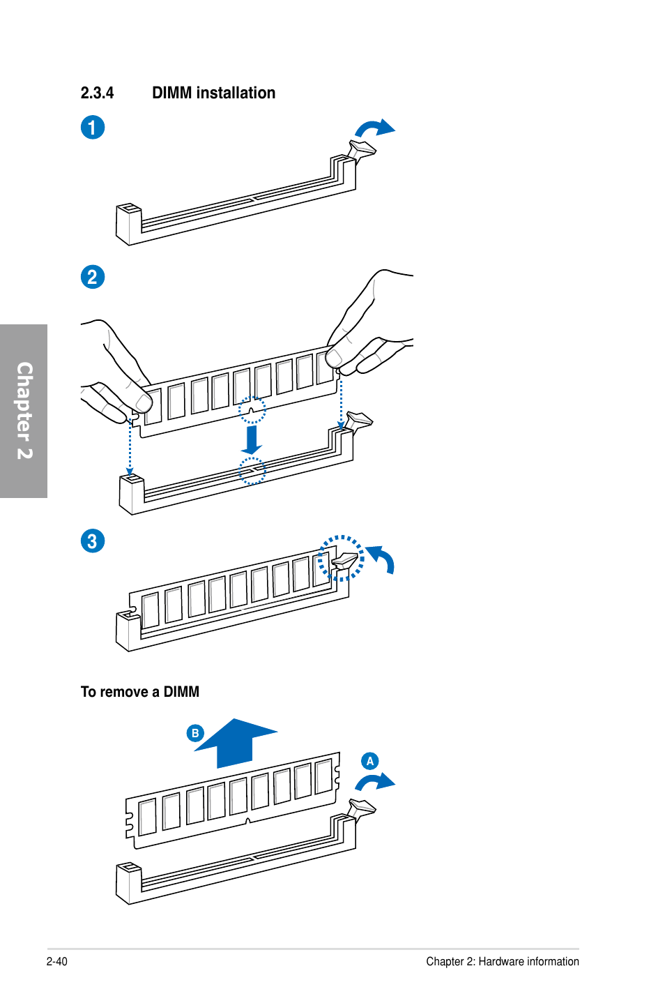 4 dimm installation, Dimm installation -40, Chapter 2 1 2 3 | Asus P9X79 DELUXE User Manual | Page 62 / 176