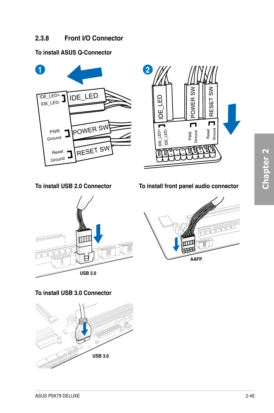 8 front i/o connector, Front i/o connector -45, Chapter 2 | 8 front i/o connector ide_led | Asus P9X79 DELUXE User Manual | Page 67 / 176