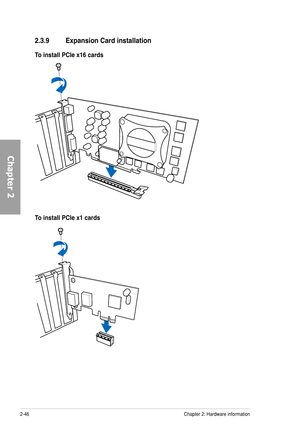 9 expansion card installation, Expansion card installation -46, Chapter 2 | Asus P9X79 DELUXE User Manual | Page 68 / 176