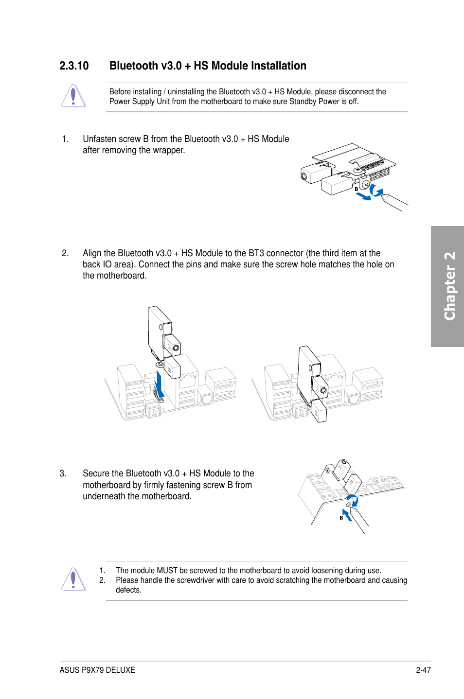 10 bluetooth v3.0 + hs module installation, Bluetooth v3.0 + hs module installation -47, Chapter 2 | Asus P9X79 DELUXE User Manual | Page 69 / 176