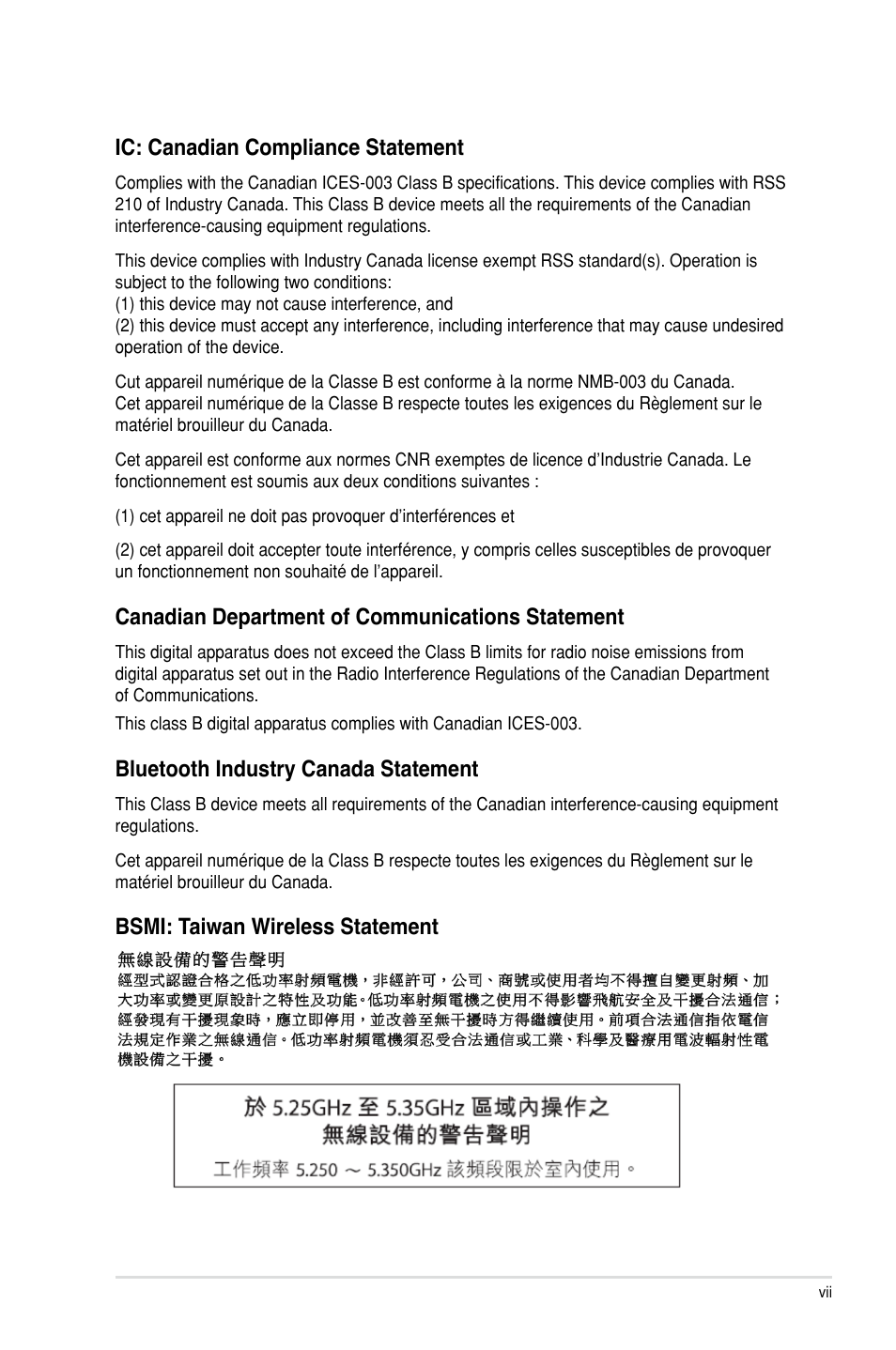 Ic: canadian compliance statement, Canadian department of communications statement, Bluetooth industry canada statement | Bsmi: taiwan wireless statement | Asus P9X79 DELUXE User Manual | Page 7 / 176