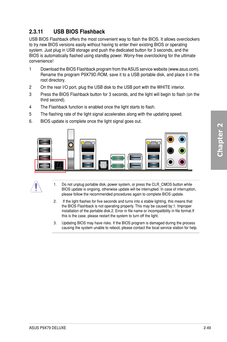 11 usb bios flashback, Usb bios flashback -49, Chapter 2 | Asus P9X79 DELUXE User Manual | Page 71 / 176