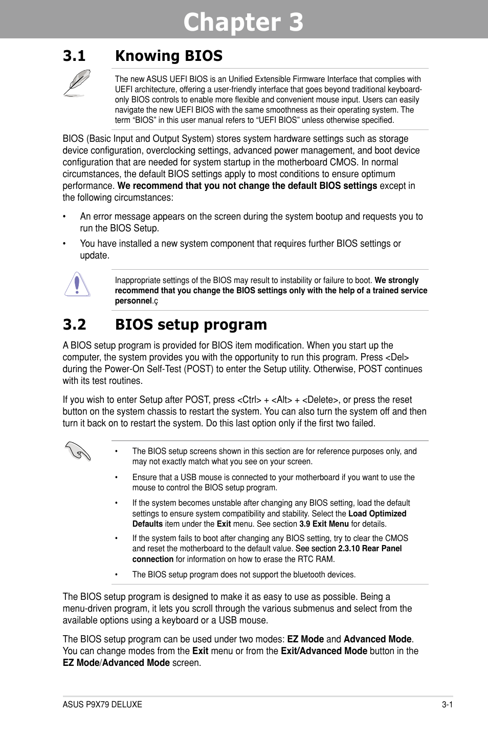 Chapter 3: bios setup, 1 knowing bios, 2 bios setup program | Chapter 3, Bios setup, Knowing bios -1, Bios setup program -1 | Asus P9X79 DELUXE User Manual | Page 77 / 176