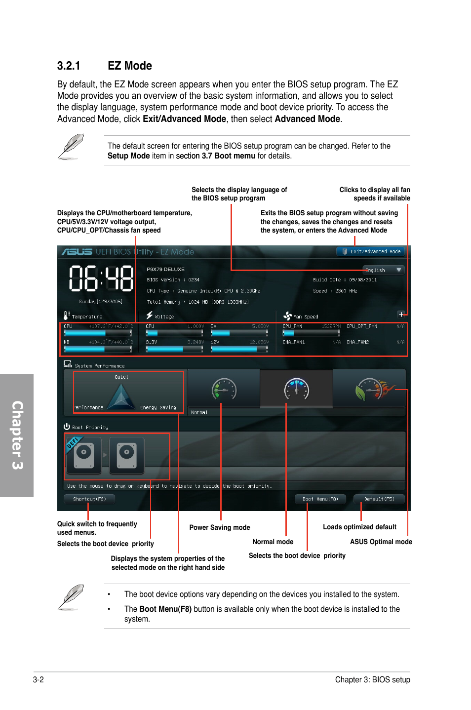 1 ez mode, Ez mode -2, Chapter 3 | Asus P9X79 DELUXE User Manual | Page 78 / 176