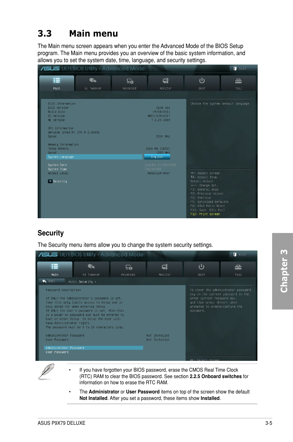 3 main menu, Main menu -5, Chapter 3 3.3 main menu | Security | Asus P9X79 DELUXE User Manual | Page 81 / 176