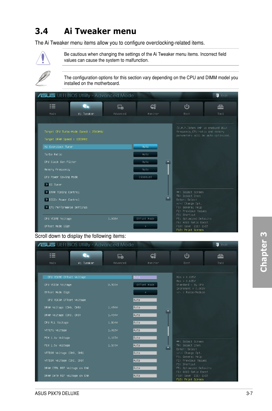 4 ai tweaker menu, Ai tweaker menu -7, Chapter 3 3.4 ai tweaker menu | Asus P9X79 DELUXE User Manual | Page 83 / 176