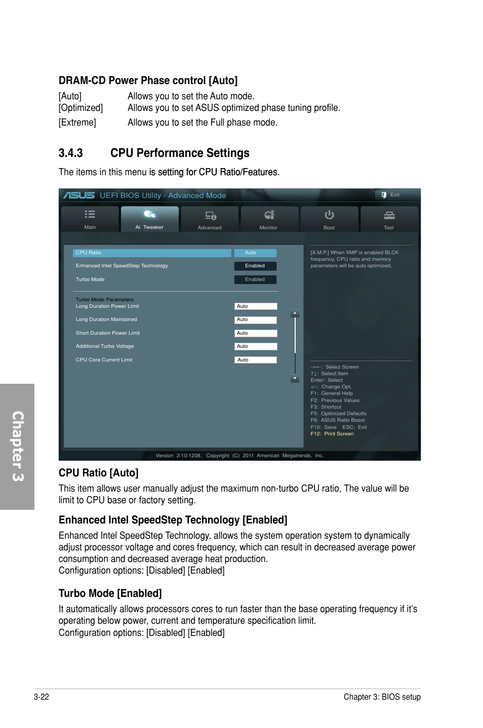 3 cpu performance settings, Cpu performance settings -22, Chapter 3 | Cpu ratio [auto, Enhanced intel speedstep technology [enabled, Turbo mode [enabled, Dram-cd power phase control [auto | Asus P9X79 DELUXE User Manual | Page 98 / 176