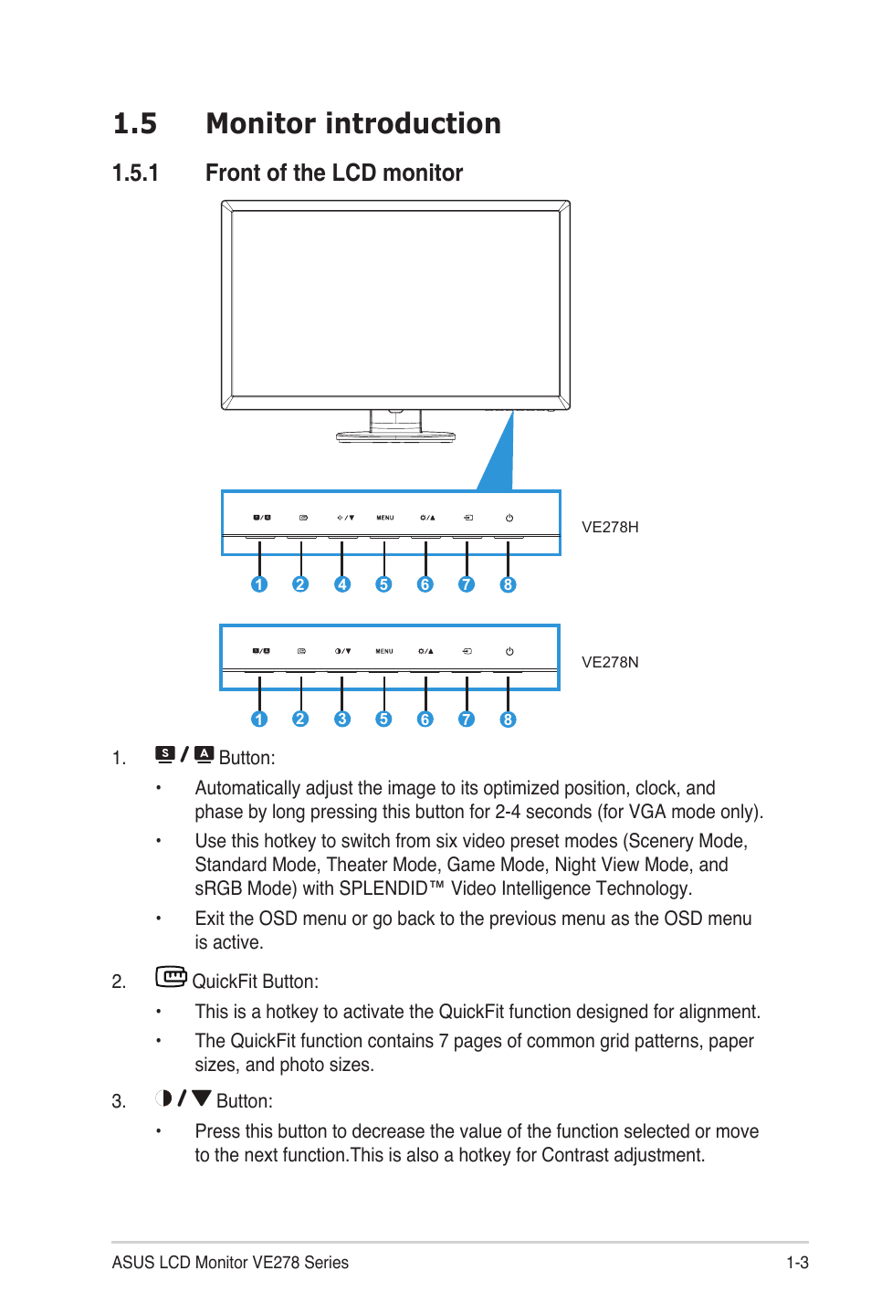 5 monitor introduction, 1 front of the lcd monitor | Asus VE278N-W User Manual | Page 9 / 23