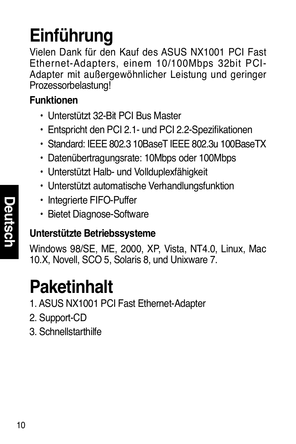 Einführung, Paketinhalt, De uts ch | Asus NX1001 User Manual | Page 11 / 47