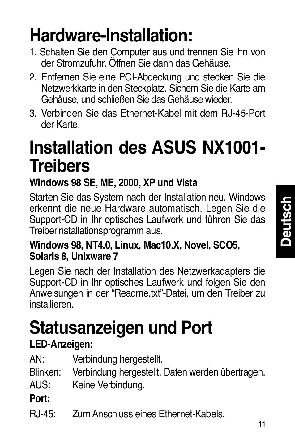 Hardware-installation, Installation des asus nx1001- treibers, Statusanzeigen und port | De ut sc h | Asus NX1001 User Manual | Page 12 / 47