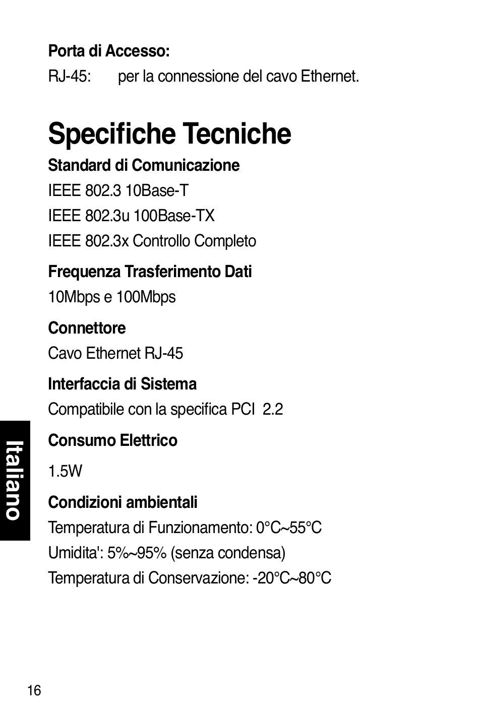 Specifiche tecniche, Italiano | Asus NX1001 User Manual | Page 17 / 47