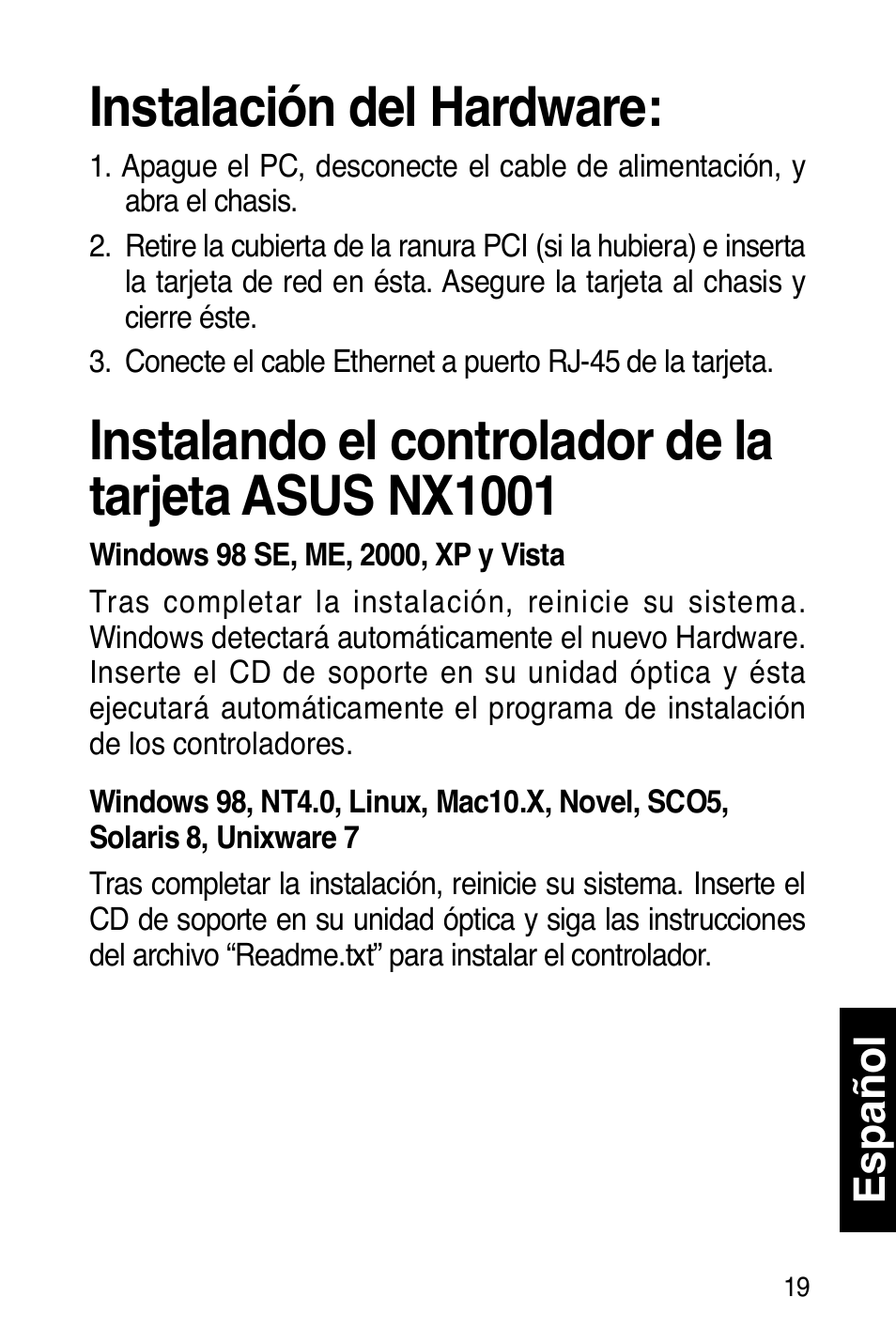 Instalación del hardware, Español | Asus NX1001 User Manual | Page 20 / 47