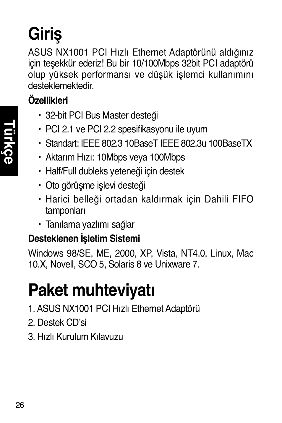 Giriş, Paket muhteviyatı, Tü rkç e | Asus NX1001 User Manual | Page 27 / 47