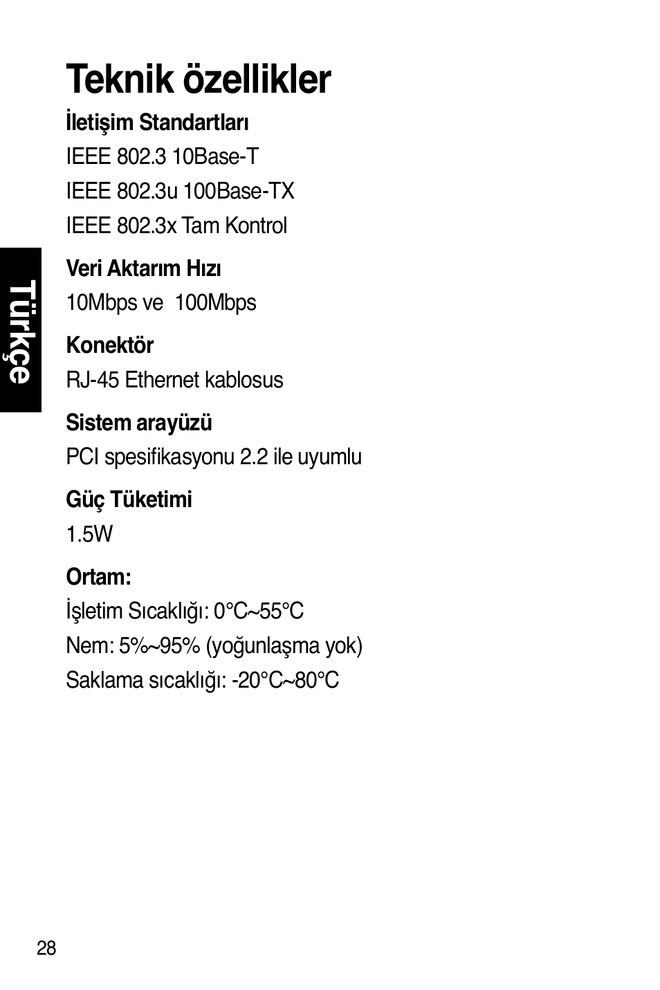 Teknik özellikler, Tü rkç e | Asus NX1001 User Manual | Page 29 / 47