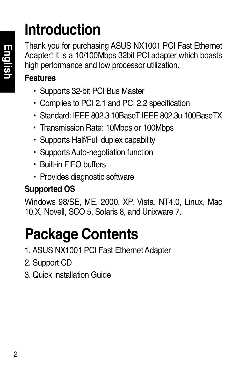 Introduction, Package contents, English | Asus NX1001 User Manual | Page 3 / 47