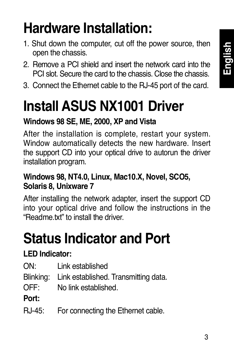 Hardware installation, Install asus nx1001 driver, Status indicator and port | English | Asus NX1001 User Manual | Page 4 / 47