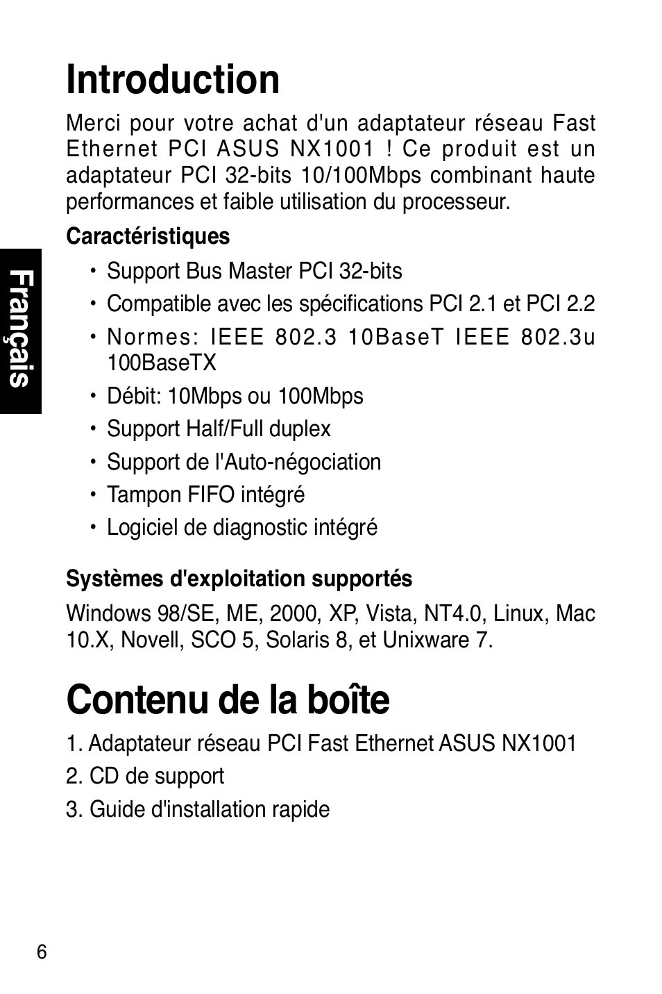 Introduction, Contenu de la boîte, Fra nç ais | Asus NX1001 User Manual | Page 7 / 47