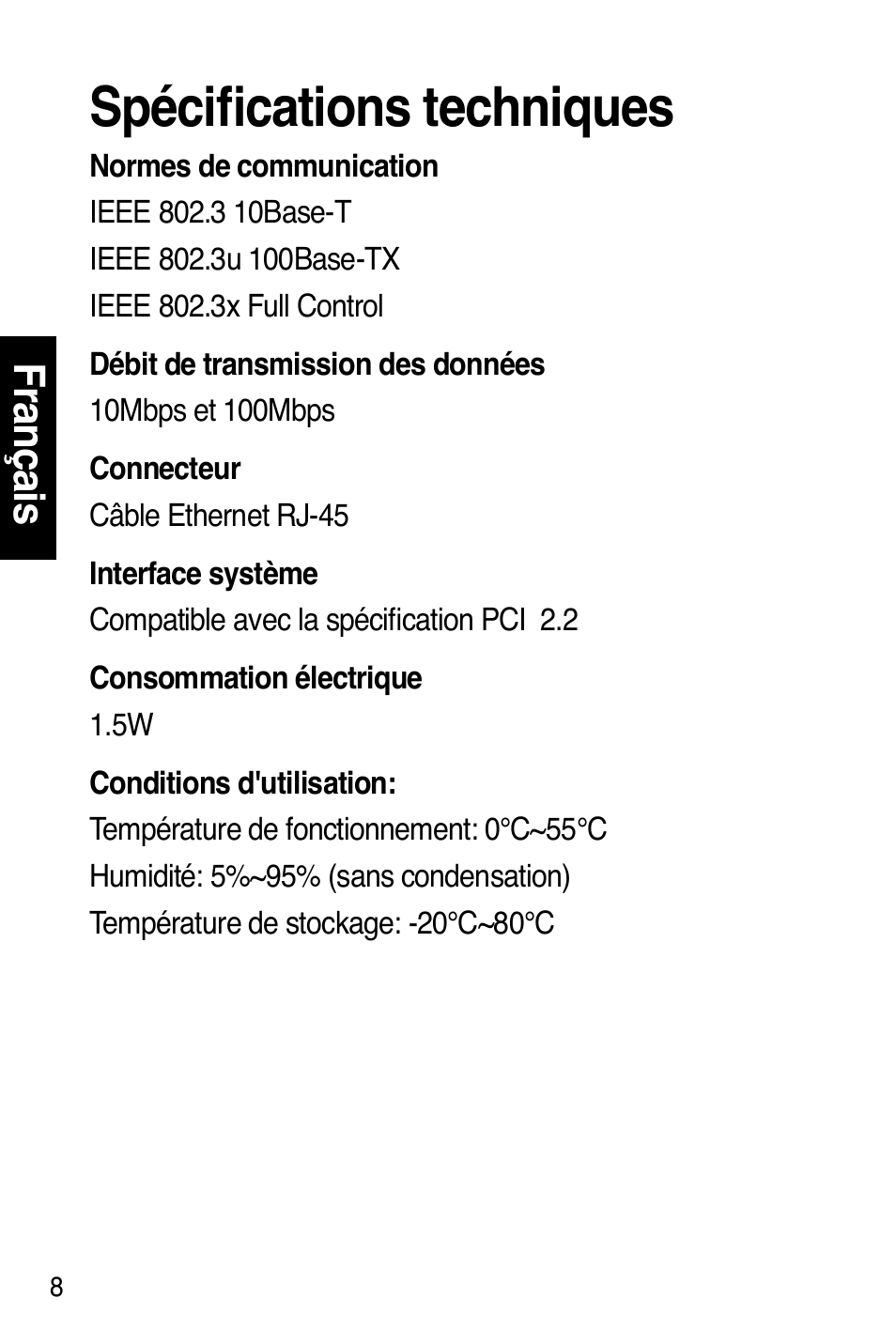 Spécifications techniques | Asus NX1001 User Manual | Page 9 / 47